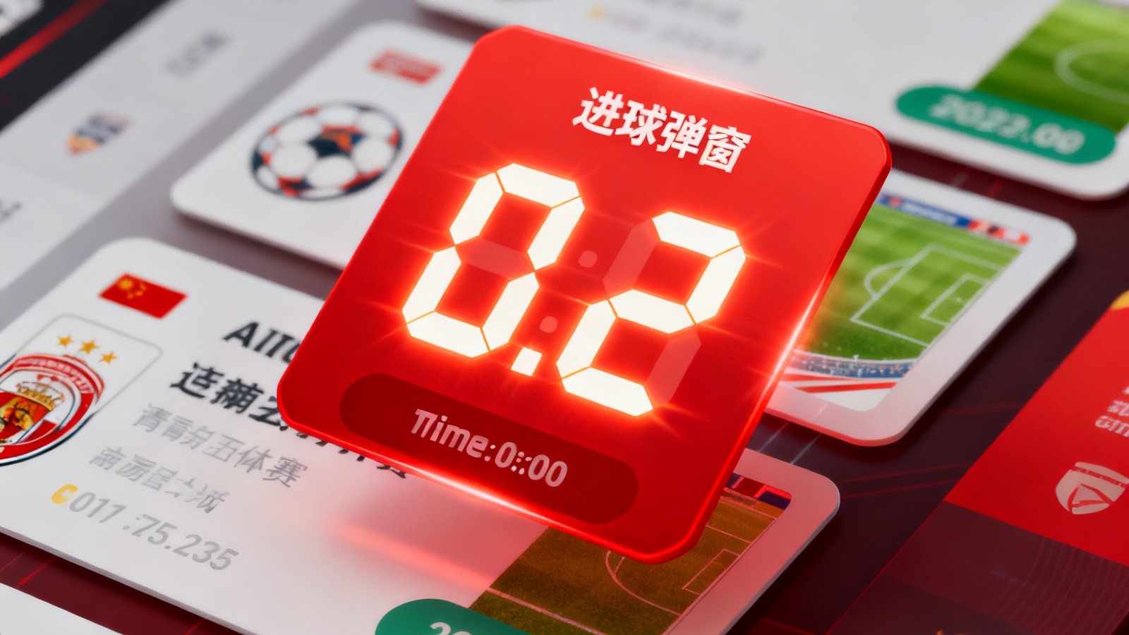 V体育实时比分界面截图，多场比赛以卡片形式并列展示，红色进球弹窗动画醒目弹出，比分数字高亮闪烁，底部显示比赛进行时间